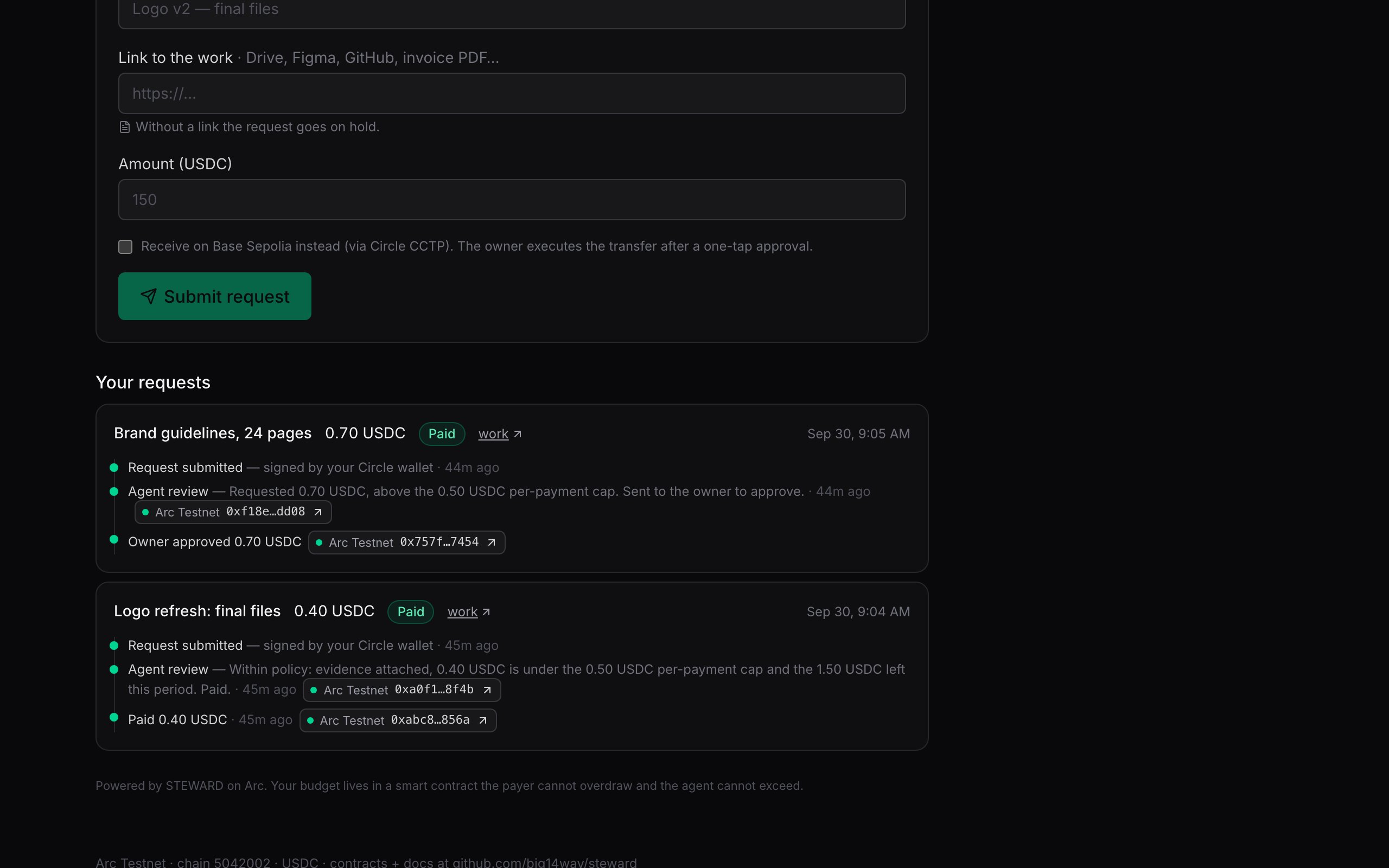 The contractor’s private page: budget, request form, status timeline